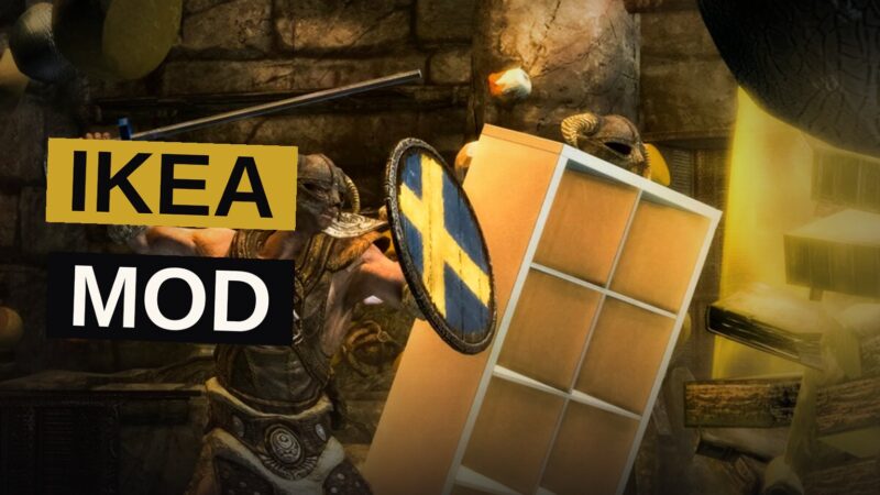 A magical Kallax shelf with a face floats in a dungeon while a glowing Allen wrench hovers nearby.