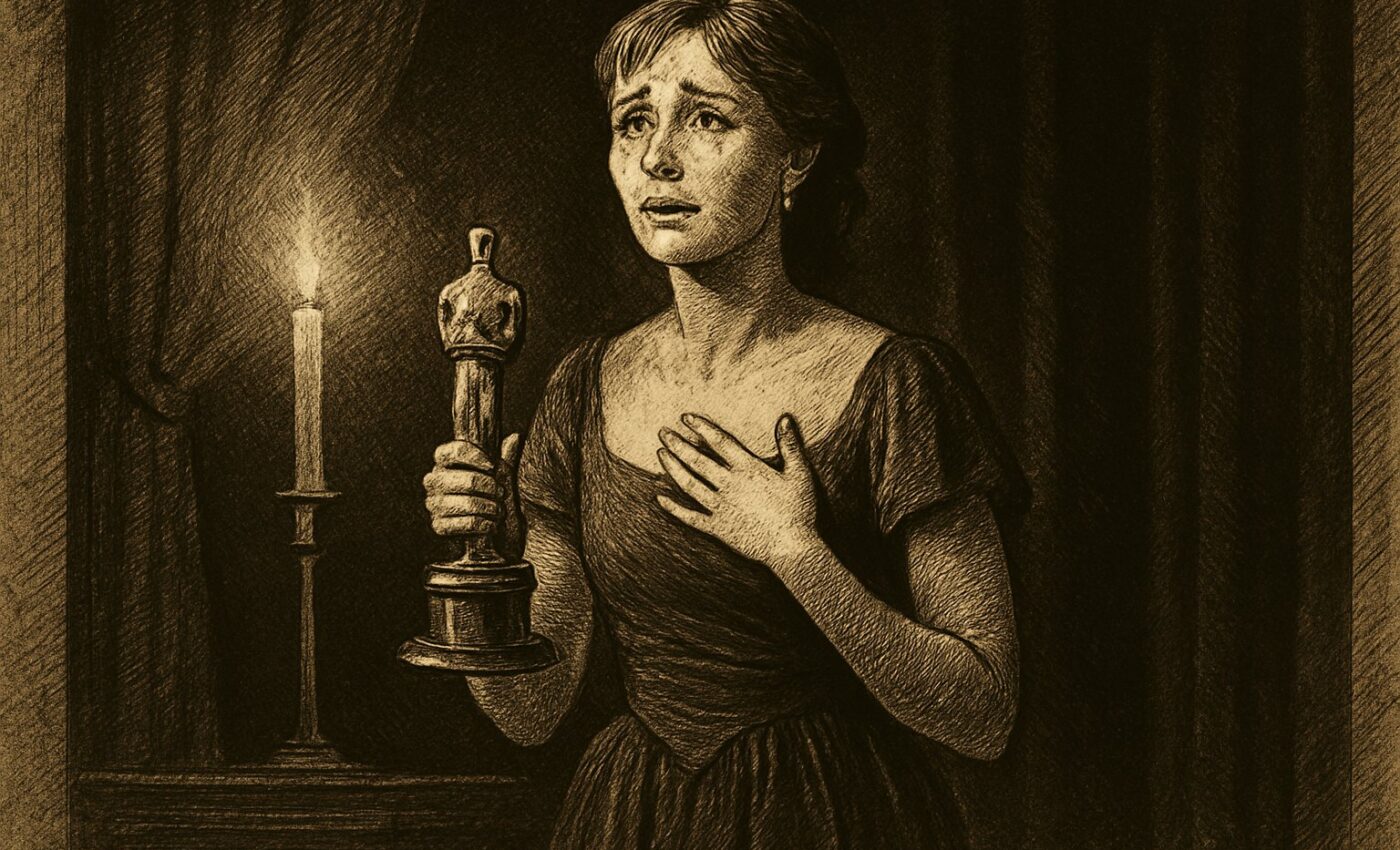 A woman weeps with joy upon a grand stage, a golden prize held in her hand, while all who behold her witness this singular triumph.