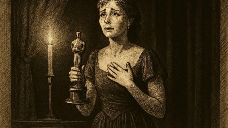 A woman weeps with joy upon a grand stage, a golden prize held in her hand, while all who behold her witness this singular triumph.