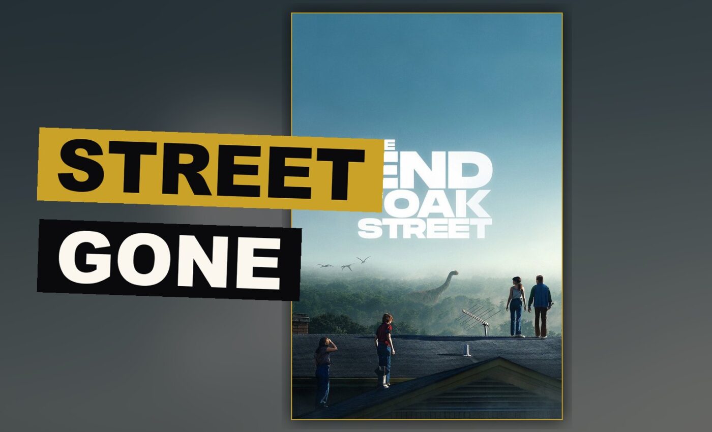 A family stands at the broken edge of their street, where the familiar road ends into a strange and silent dark.