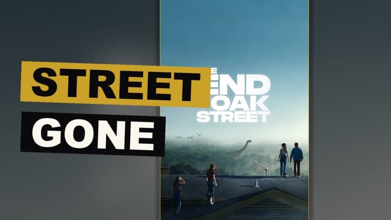 A family stands at the broken edge of their street, where the familiar road ends into a strange and silent dark.