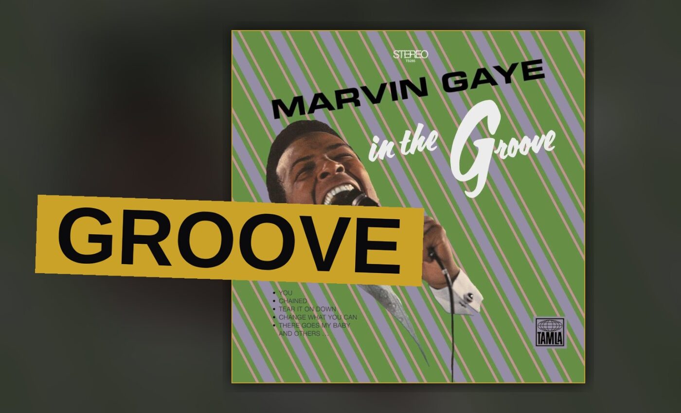 A classic vinyl record sleeve for Marvin Gaye's 'In the Groove' album, partially open with the record visible, in warm lighting.