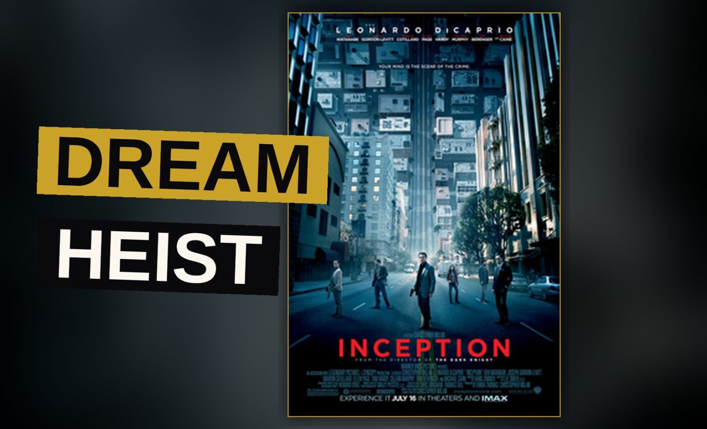 A man in a suit stands on a street that folds upward into a vertical cityscape, creating a surreal dreamlike scene.