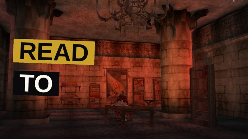 A sunken abbey lit by firelight holds scattered scrolls and wandering travelers amid strange, ancient stone chambers.