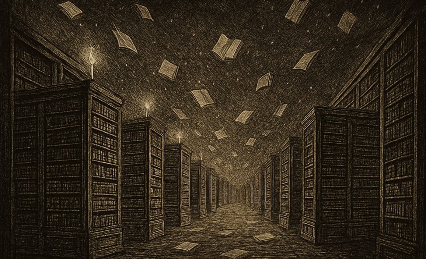 A vast hall of humming machines, each holding some fragment of human knowledge, glowing faint amid the dark.