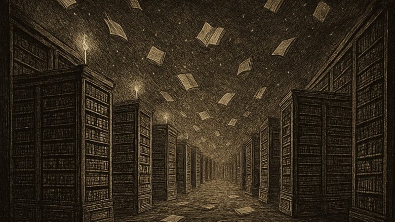 A vast hall of humming machines, each holding some fragment of human knowledge, glowing faint amid the dark.