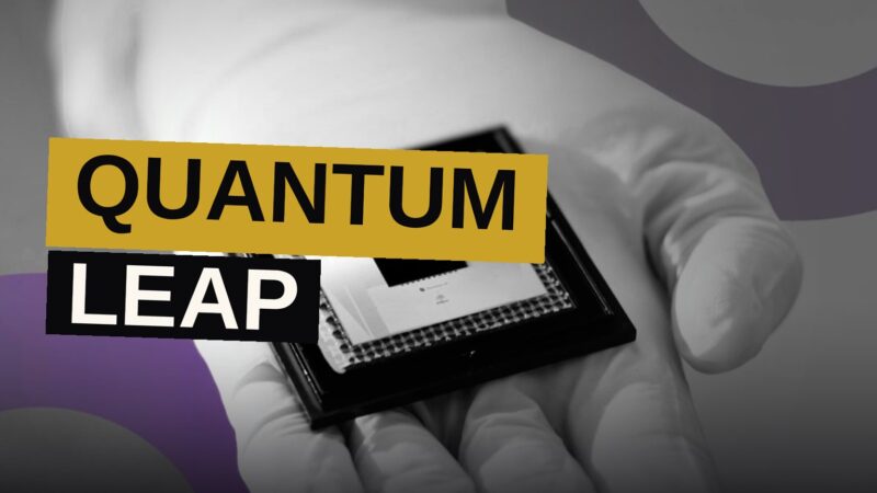 A futuristic quantum computer server rack with glowing blue and purple lights in a high-tech cleanroom.