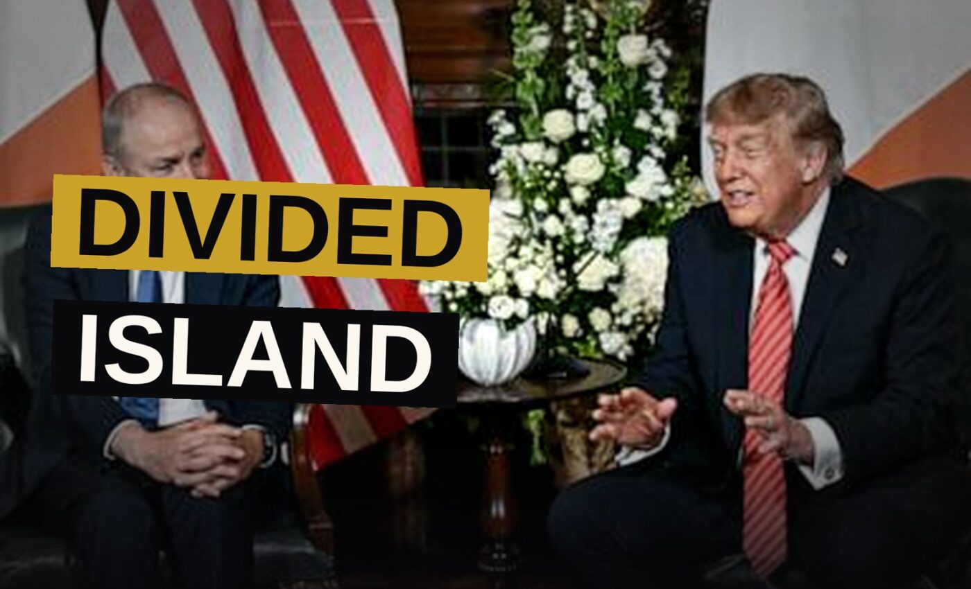 A divided map of Ireland showing Northern Ireland separated from the Republic, symbolizing the debate over unification.