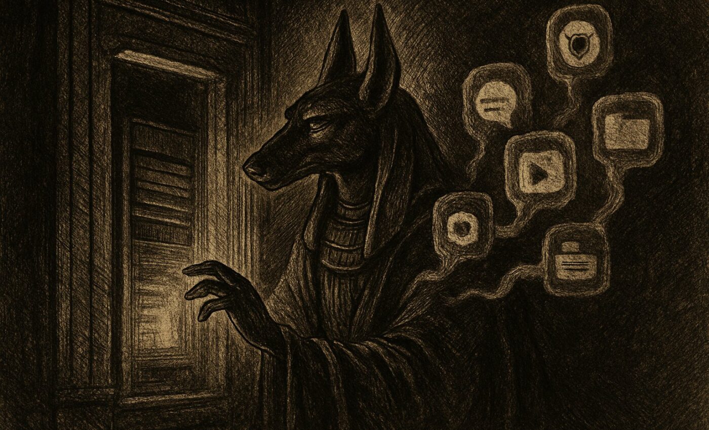 A guardian figure with the head of a hound stands watchful before a luminous gate, weighing each stranger ere they may pass.