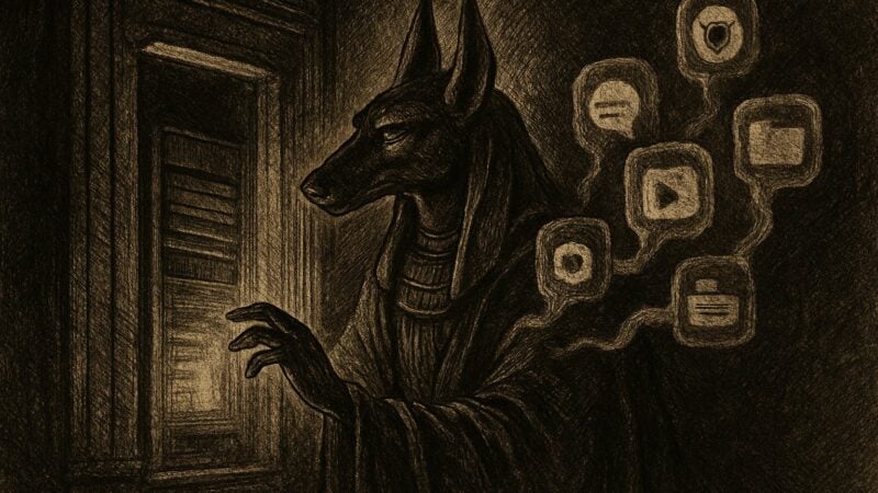 A guardian figure with the head of a hound stands watchful before a luminous gate, weighing each stranger ere they may pass.