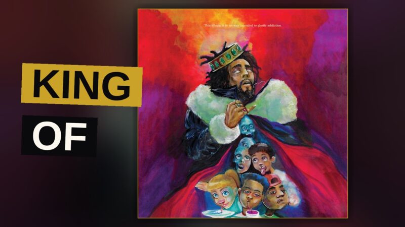 A rapper stands alone under a spotlight, evoking the album's theme of fame and guilt.