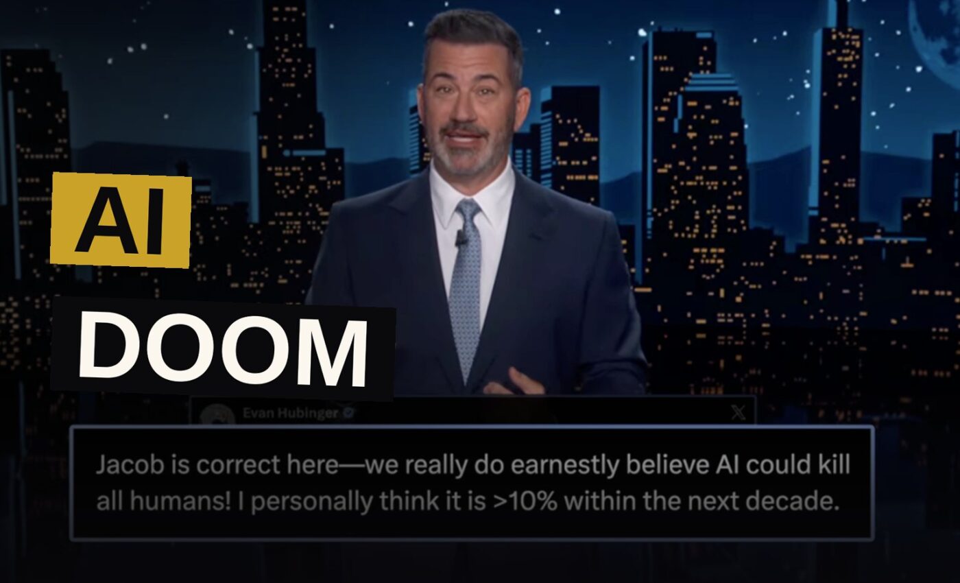 Jimmy Kimmel sits at his desk on a late-night show set, with a screen behind him showing a robot silhouette and the presidential seal.