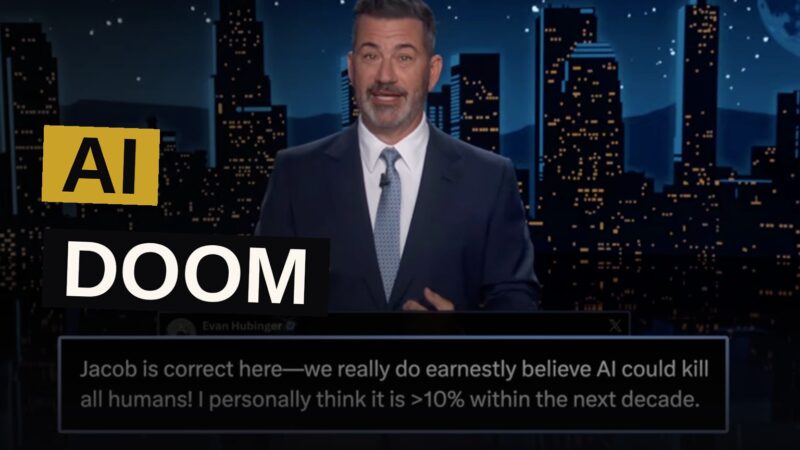 Jimmy Kimmel sits at his desk on a late-night show set, with a screen behind him showing a robot silhouette and the presidential seal.