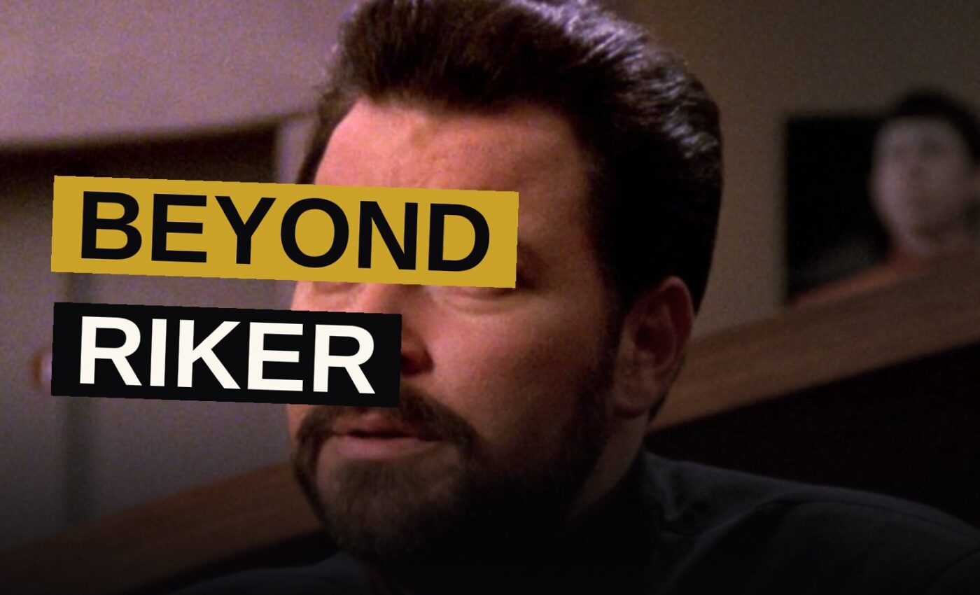A colorful collage of Jonathan Frakes in different sci-fi TV roles, including a pilot, a host, and a cartoon steak.