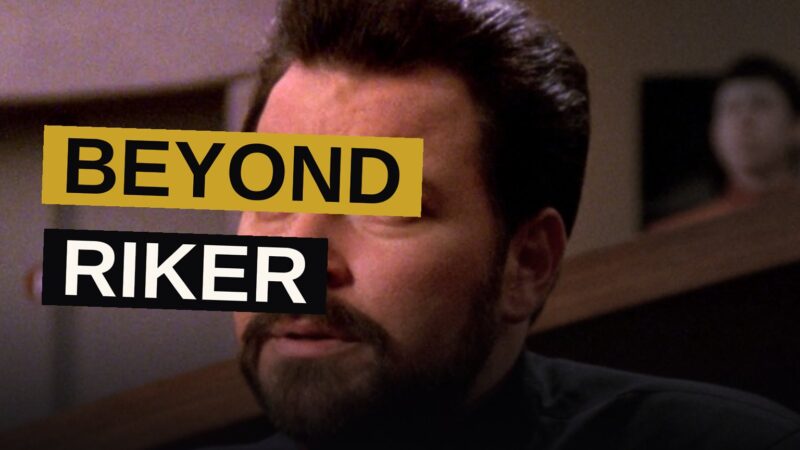 A colorful collage of Jonathan Frakes in different sci-fi TV roles, including a pilot, a host, and a cartoon steak.