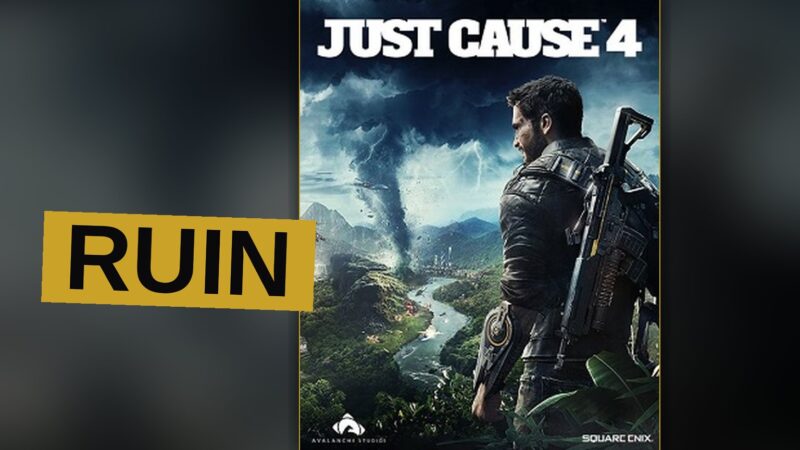 An agent flies above a storm-wracked island as distant buildings collapse in ruin.