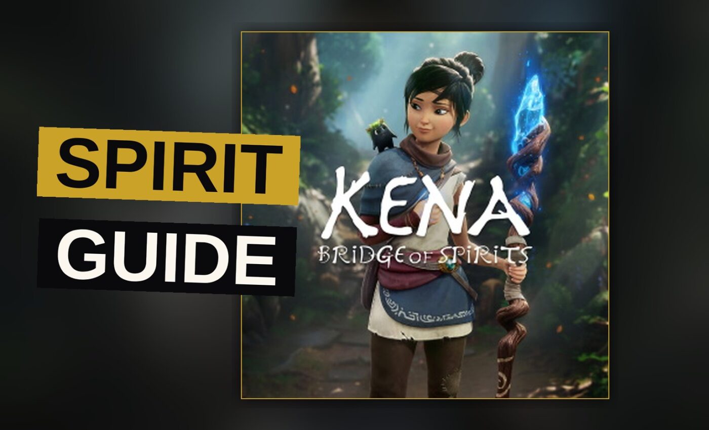 A young guide of spirits stands amid a decaying forest, her staff bright with light, while small dark creatures gather about her feet.