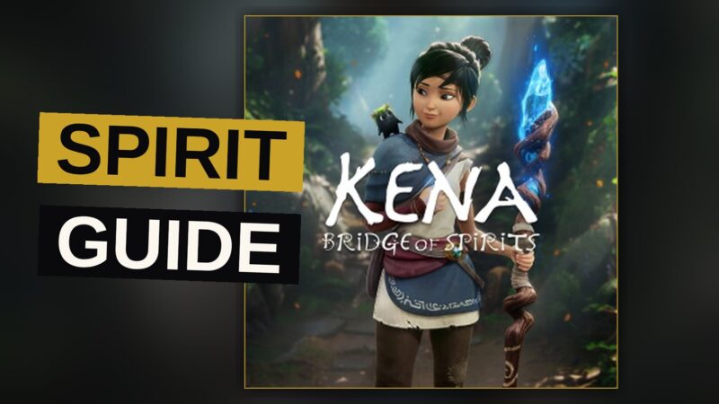 A young guide of spirits stands amid a decaying forest, her staff bright with light, while small dark creatures gather about her feet.