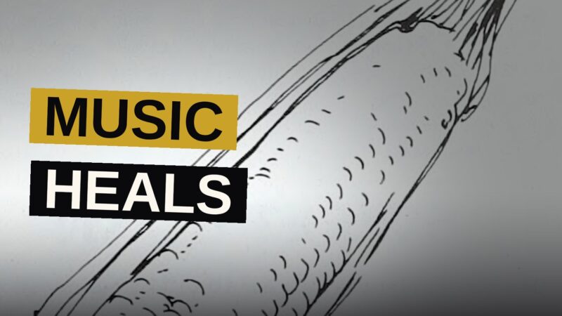 Five friends dance beneath a luminous wave of sound, bound by music.