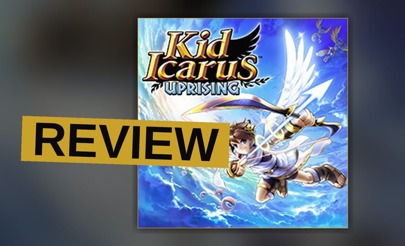 Pit, the angelic hero, flies through a vibrant sky, firing his bow at enemy monsters in a fast-paced action scene.