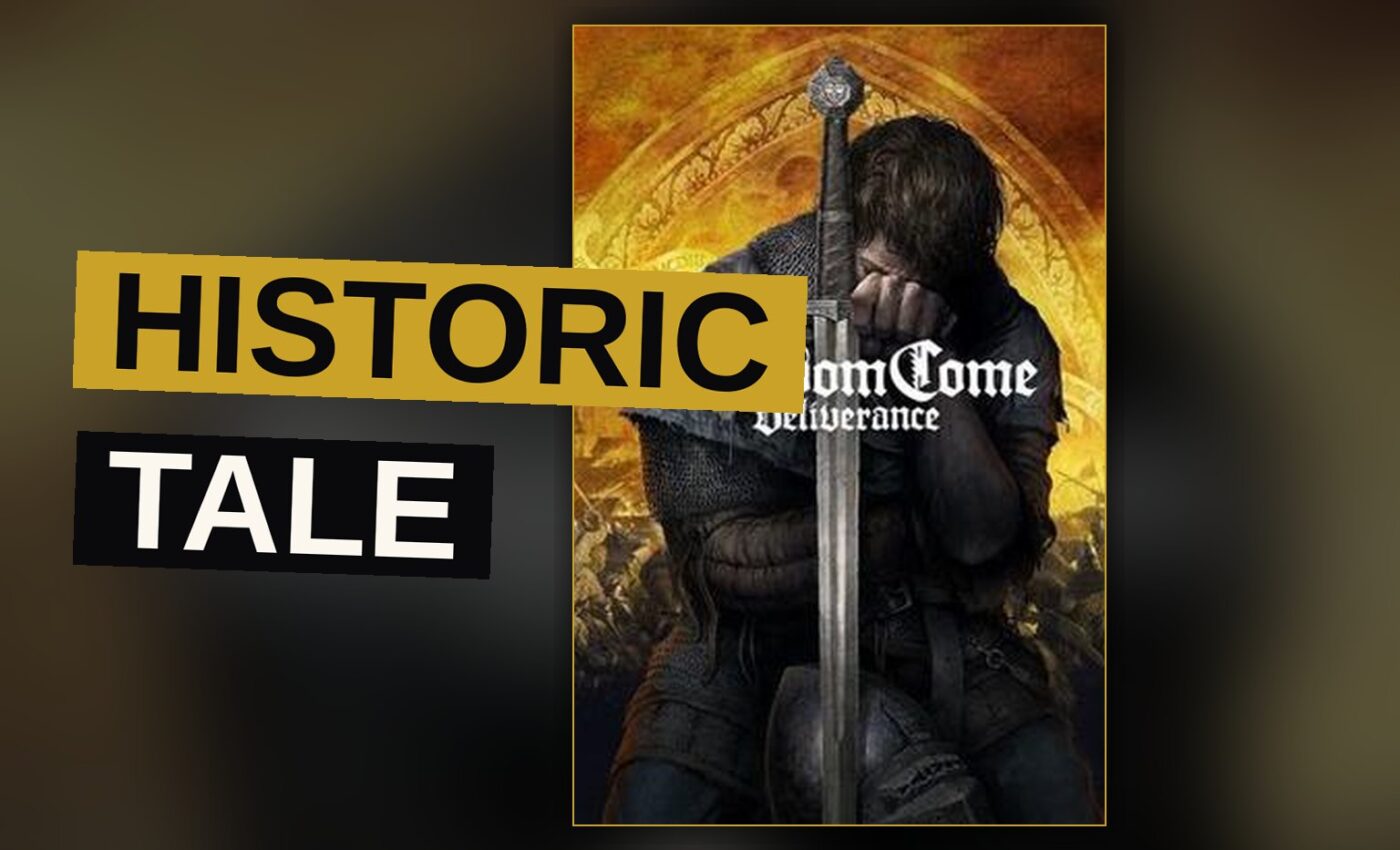 A common man stands before a ruined castle, sword drawn, amid the dust of a forgotten war.
