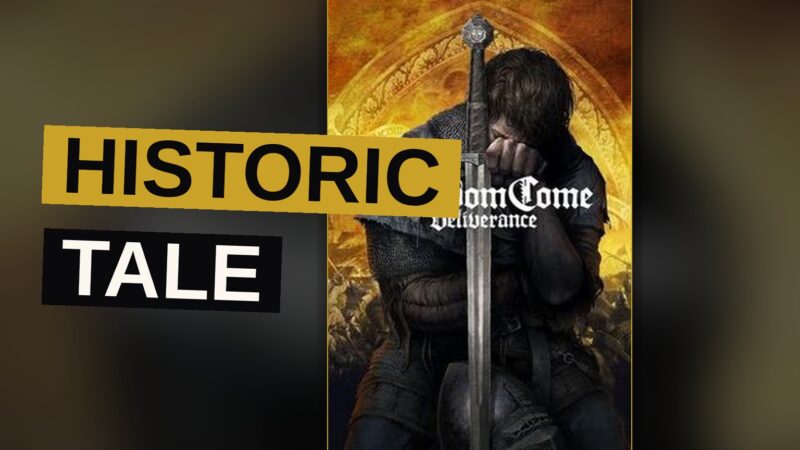 A common man stands before a ruined castle, sword drawn, amid the dust of a forgotten war.