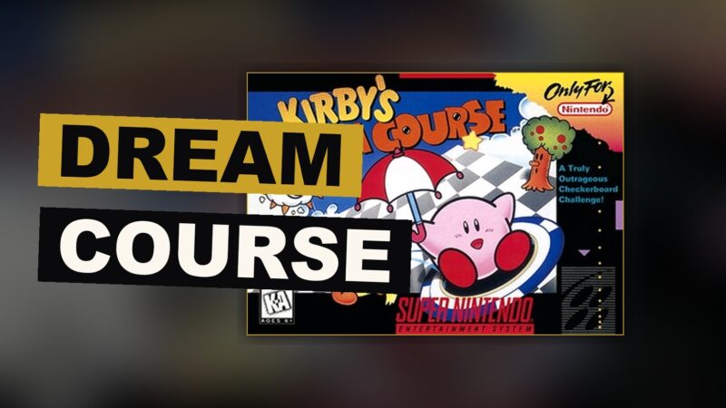 Kirby, rolled into a ball, rests upon a small floating green beneath a cheerful sky.