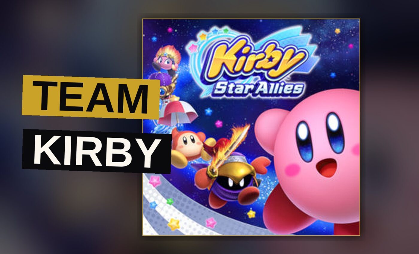 A pink hero floats among stars, ready to swallow a foe whole.