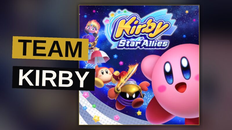 A pink hero floats among stars, ready to swallow a foe whole.
