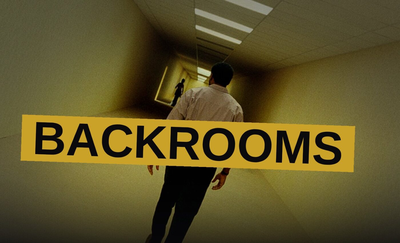 Two silhouetted figures stand in a vast, eerie yellow corridor with flickering fluorescent lights, evoking the atmosphere of The Backrooms.