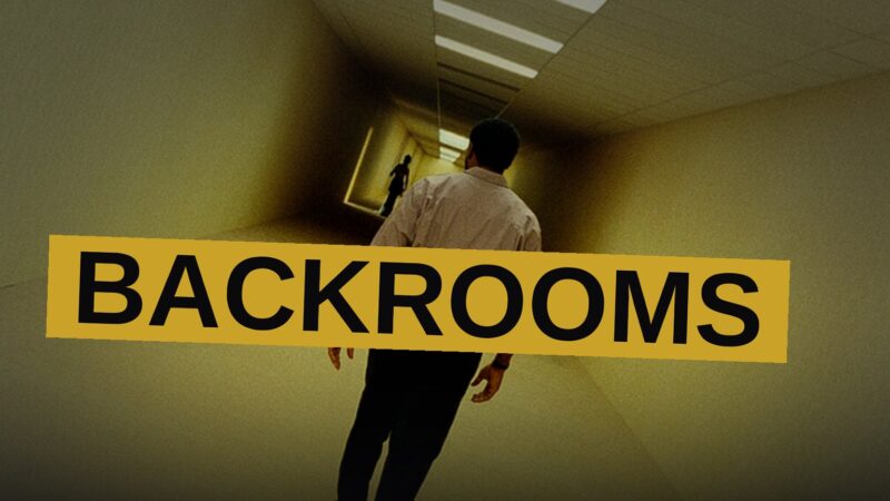 Two silhouetted figures stand in a vast, eerie yellow corridor with flickering fluorescent lights, evoking the atmosphere of The Backrooms.