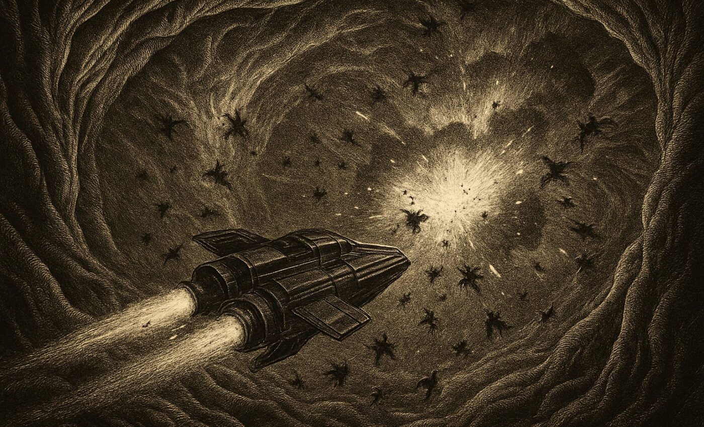 A ship presses through a narrow passage of living matter while enemies close in from every side.