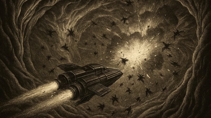 A ship presses through a narrow passage of living matter while enemies close in from every side.