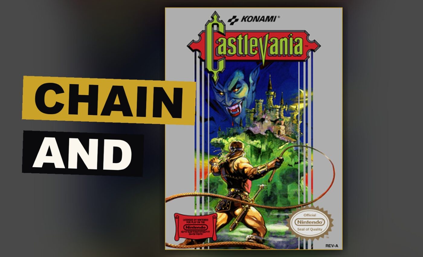 A hunter of vampires, chain in hand, stands before the gate of an ancient, lit castle.