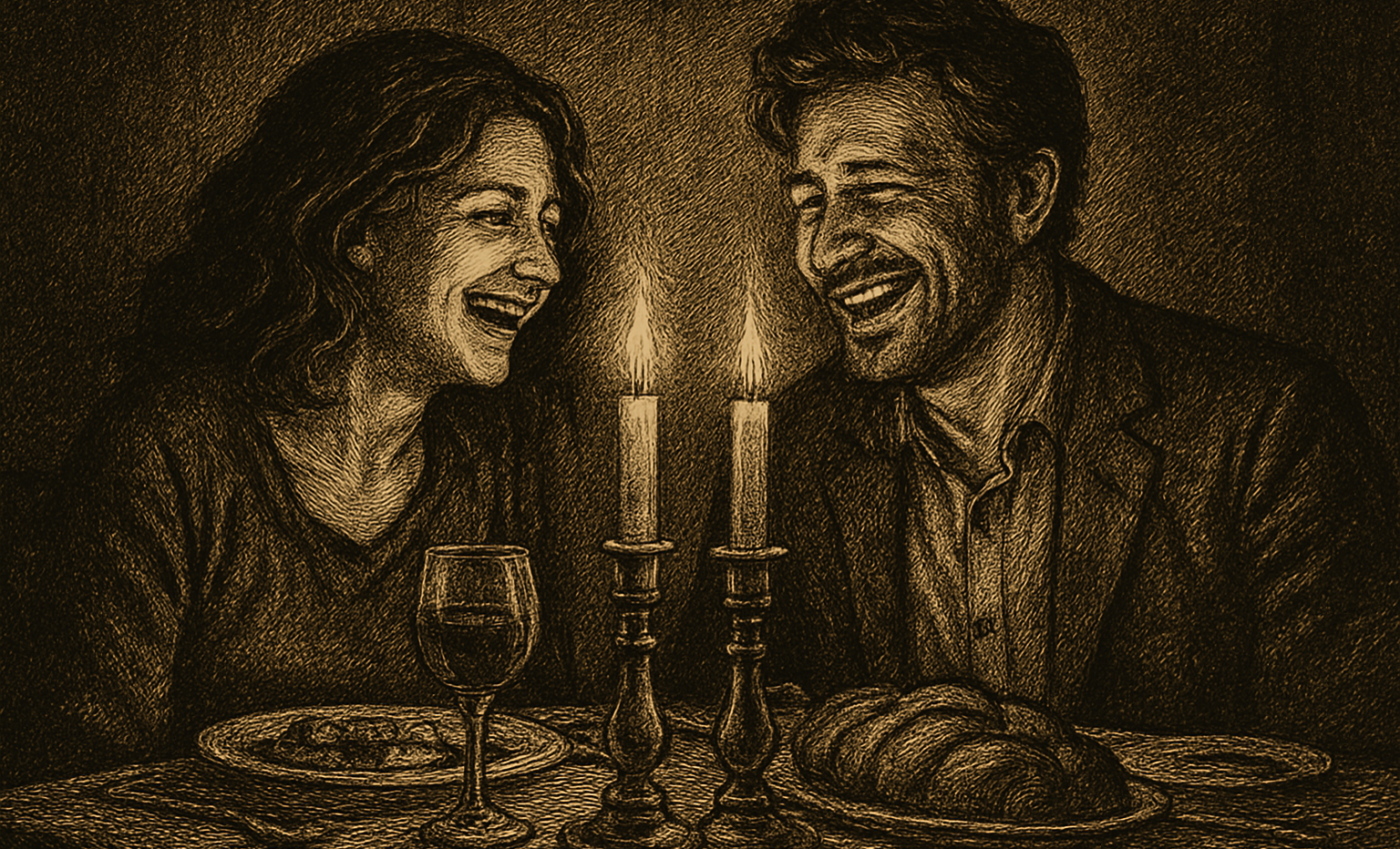 A couple share a laugh over a candlelit Shabbat dinner table in a romantic comedy scene.