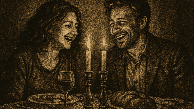 A couple share a laugh over a candlelit Shabbat dinner table in a romantic comedy scene.