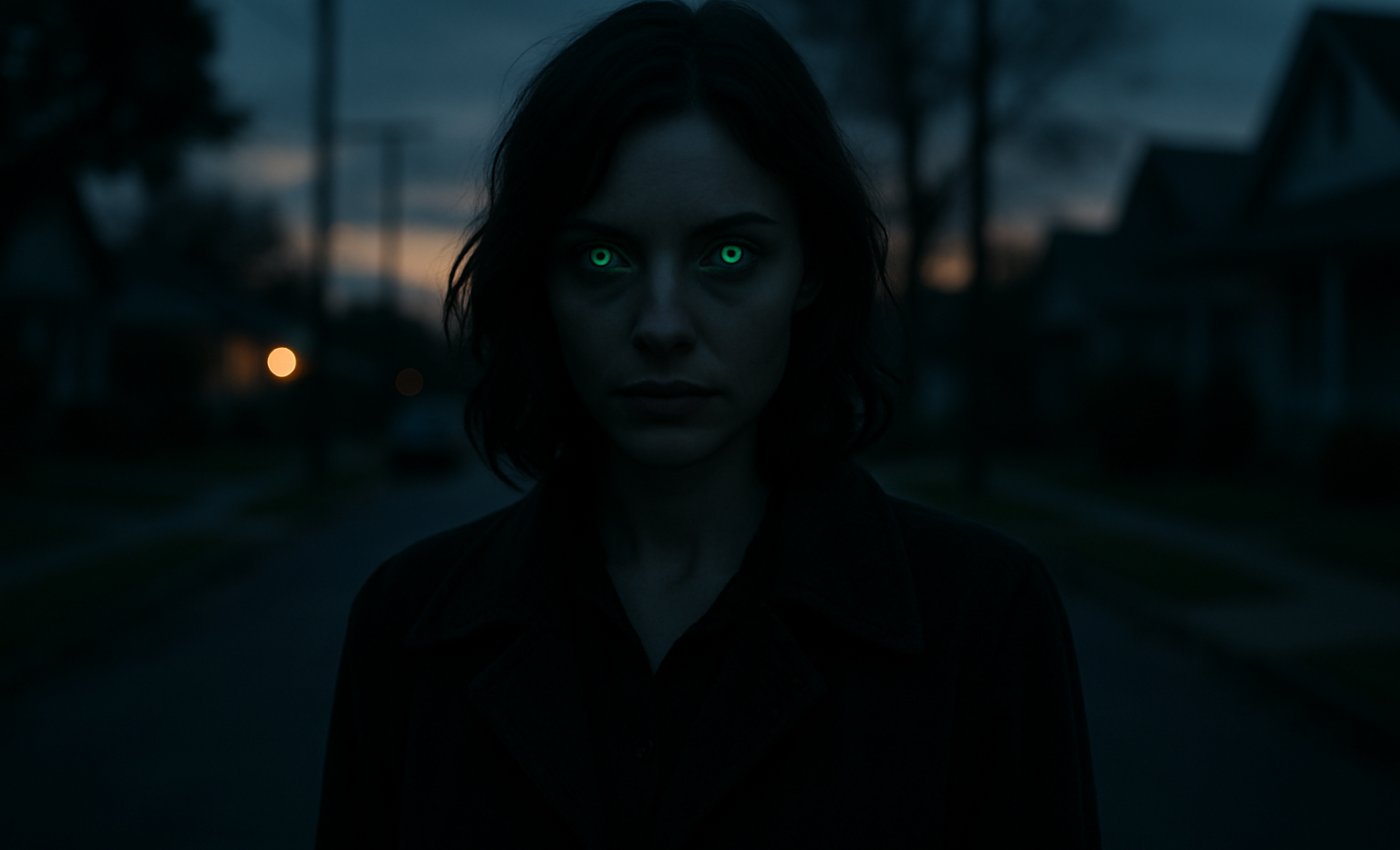 A woman with strange light in her eyes stands silently beneath the twilight sky, her true nature concealed.