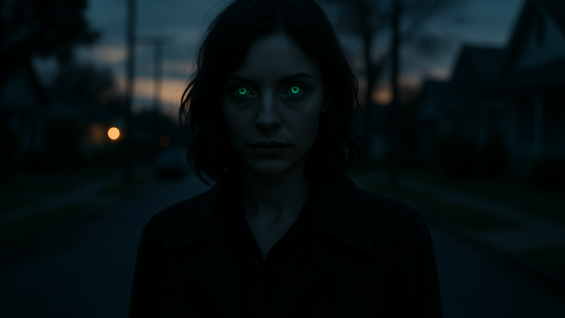 A woman with strange light in her eyes stands silently beneath the twilight sky, her true nature concealed.