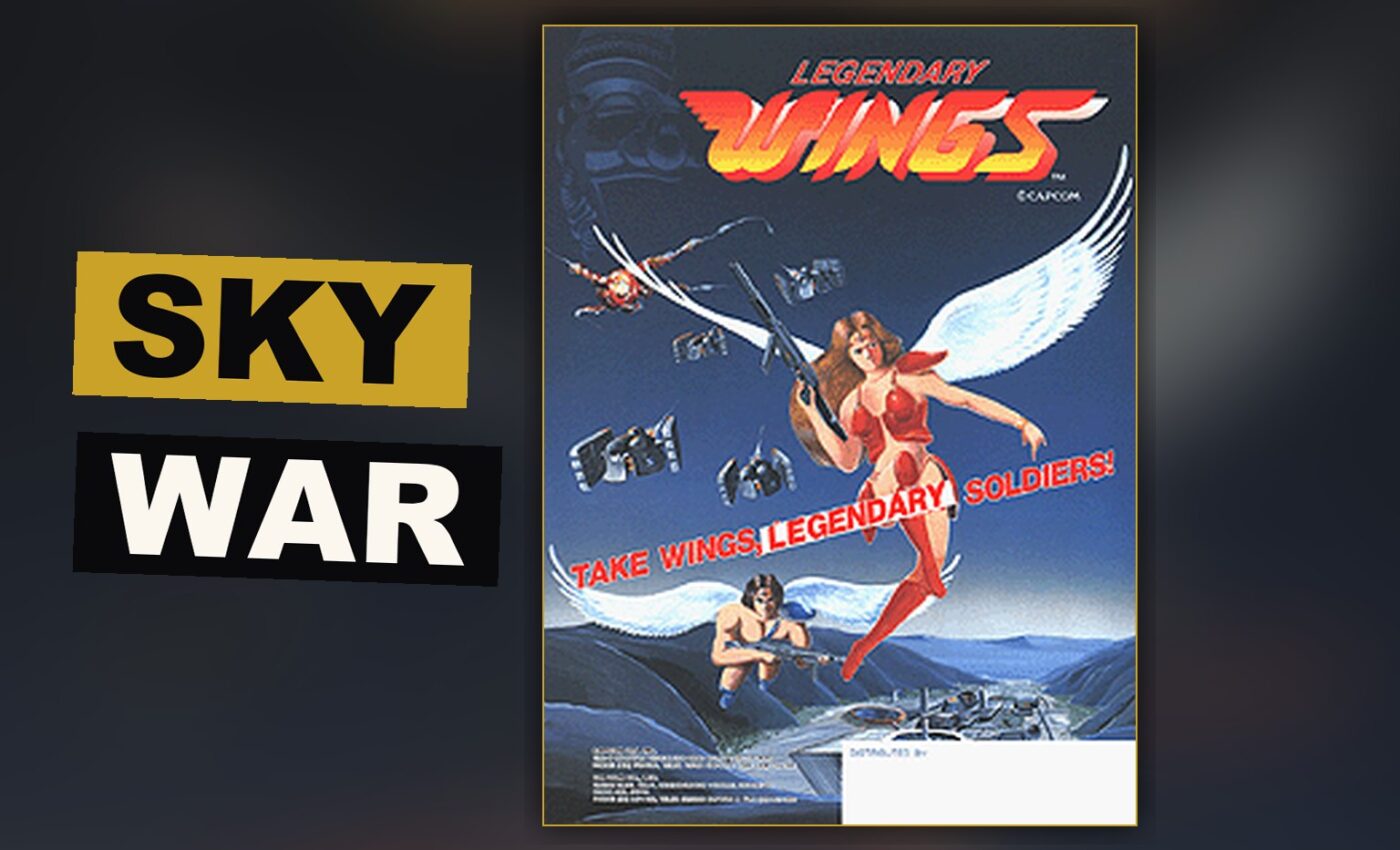 Two winged fighters do battle against a host of strange foes amid a tempest of sky and cloud.