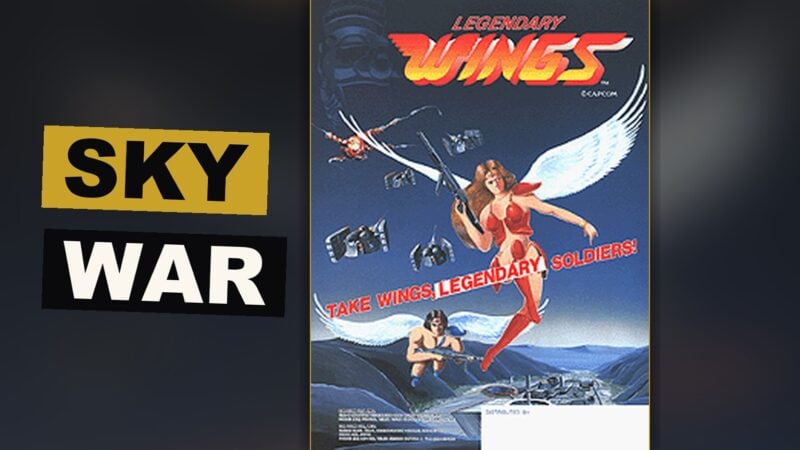 Two winged fighters do battle against a host of strange foes amid a tempest of sky and cloud.