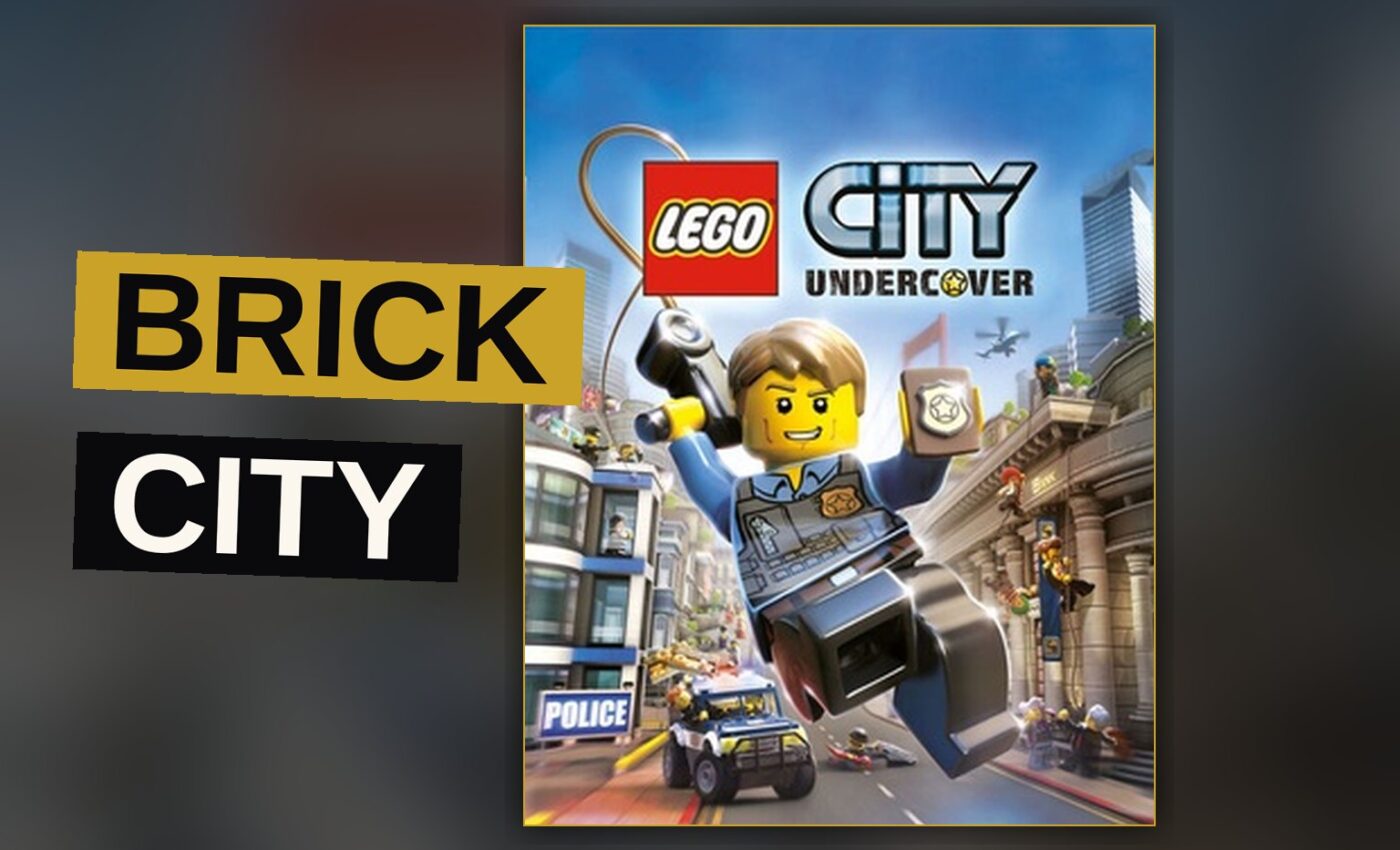 A masked hero drives a toy car through a brightly colored city of plastic bricks.