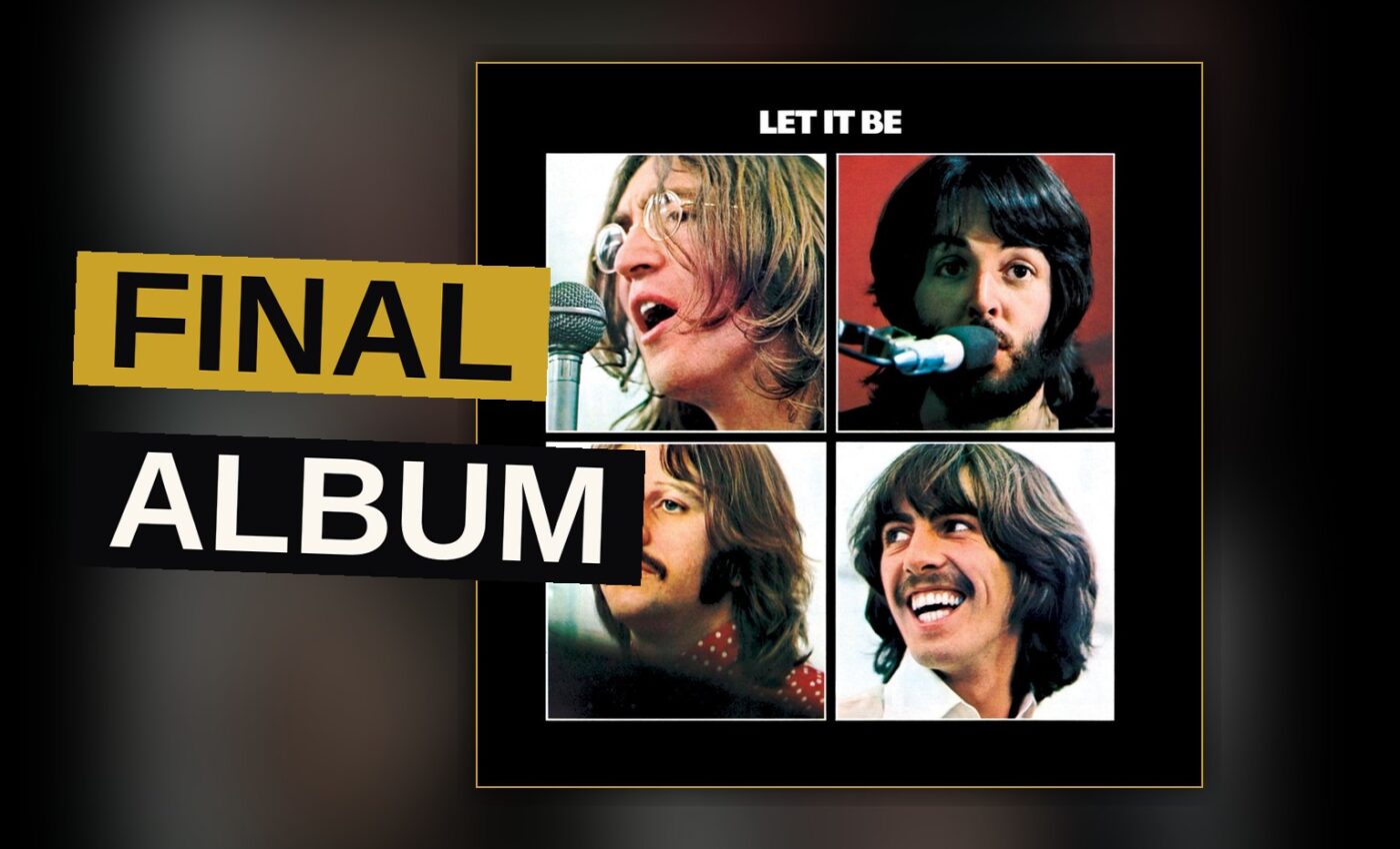 A worn vinyl record sleeve for 'Let It Be' rests on a wooden table, bathed in soft window light, with a faded black-and-white image of four men on the cover.