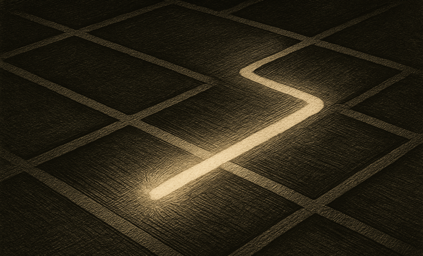 A glowing yellow line moves along white geometric paths on a dark blue minimalist background.