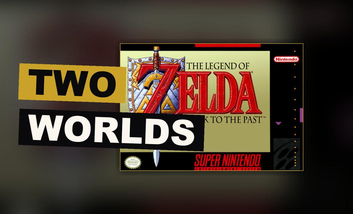 A hero stands between a bright kingdom and its shadowed mirror world, sword drawn.