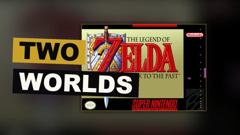 A hero stands between a bright kingdom and its shadowed mirror world, sword drawn.