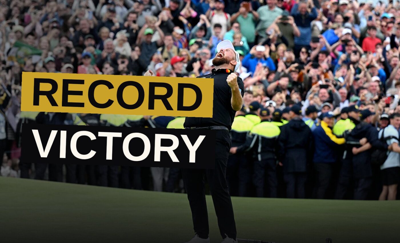 Shane Lowry stretches his arms wide on the 18th green after winning the Irish Open with an 11-shot margin.