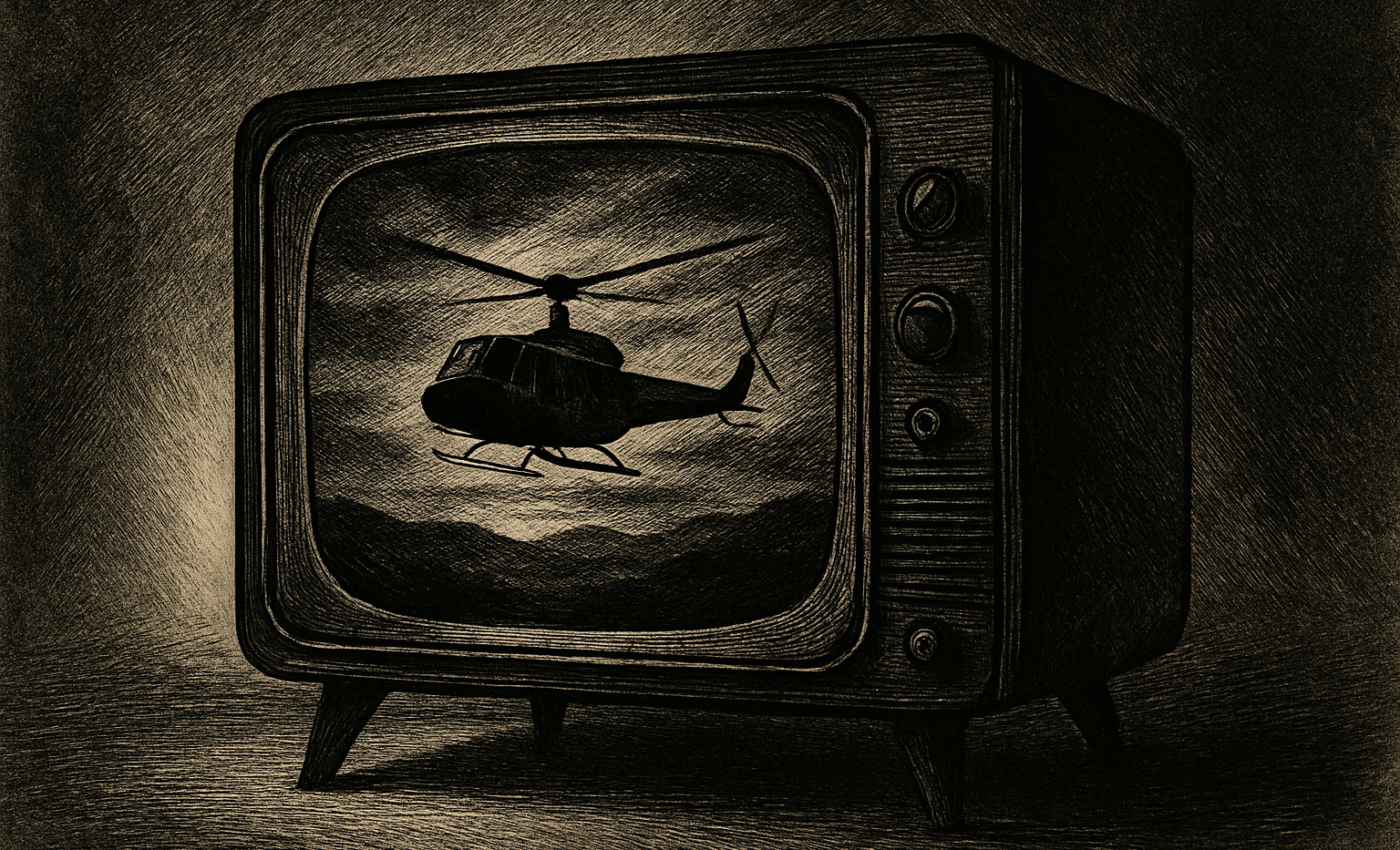 A vintage television set shows a scene from M*A*S*H with a helicopter flying over a battlefield.