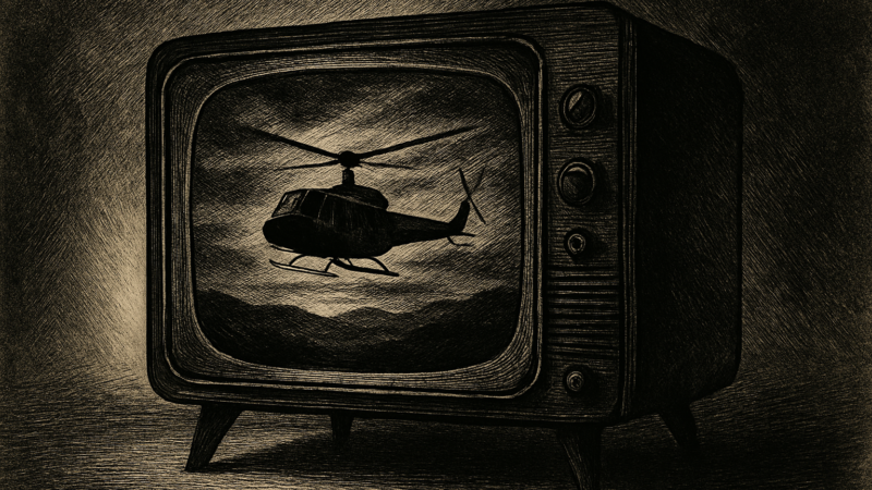 A vintage television set shows a scene from M*A*S*H with a helicopter flying over a battlefield.
