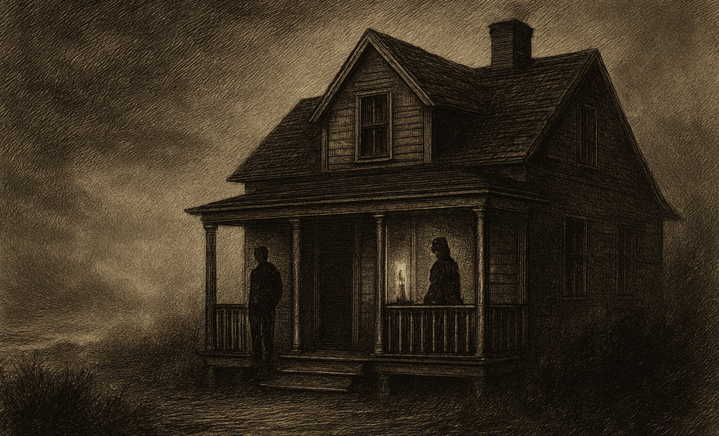 A man and a mysterious woman stand near a foggy Cape Cod summer house at dusk in a moody film-style scene.