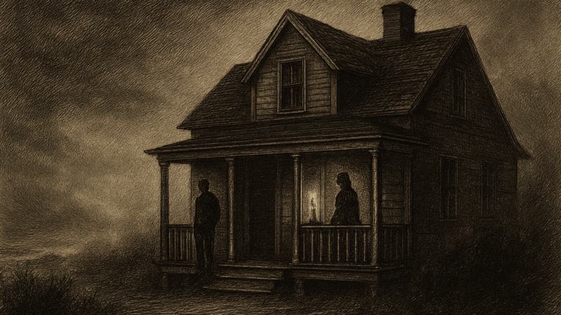 A man and a mysterious woman stand near a foggy Cape Cod summer house at dusk in a moody film-style scene.